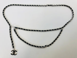 CHANEL Silver and Black Leather Chain Belt Size Small