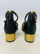 Load image into Gallery viewer, CHANEL Black Leather and Gold Chain Sandals Size 37 1/2