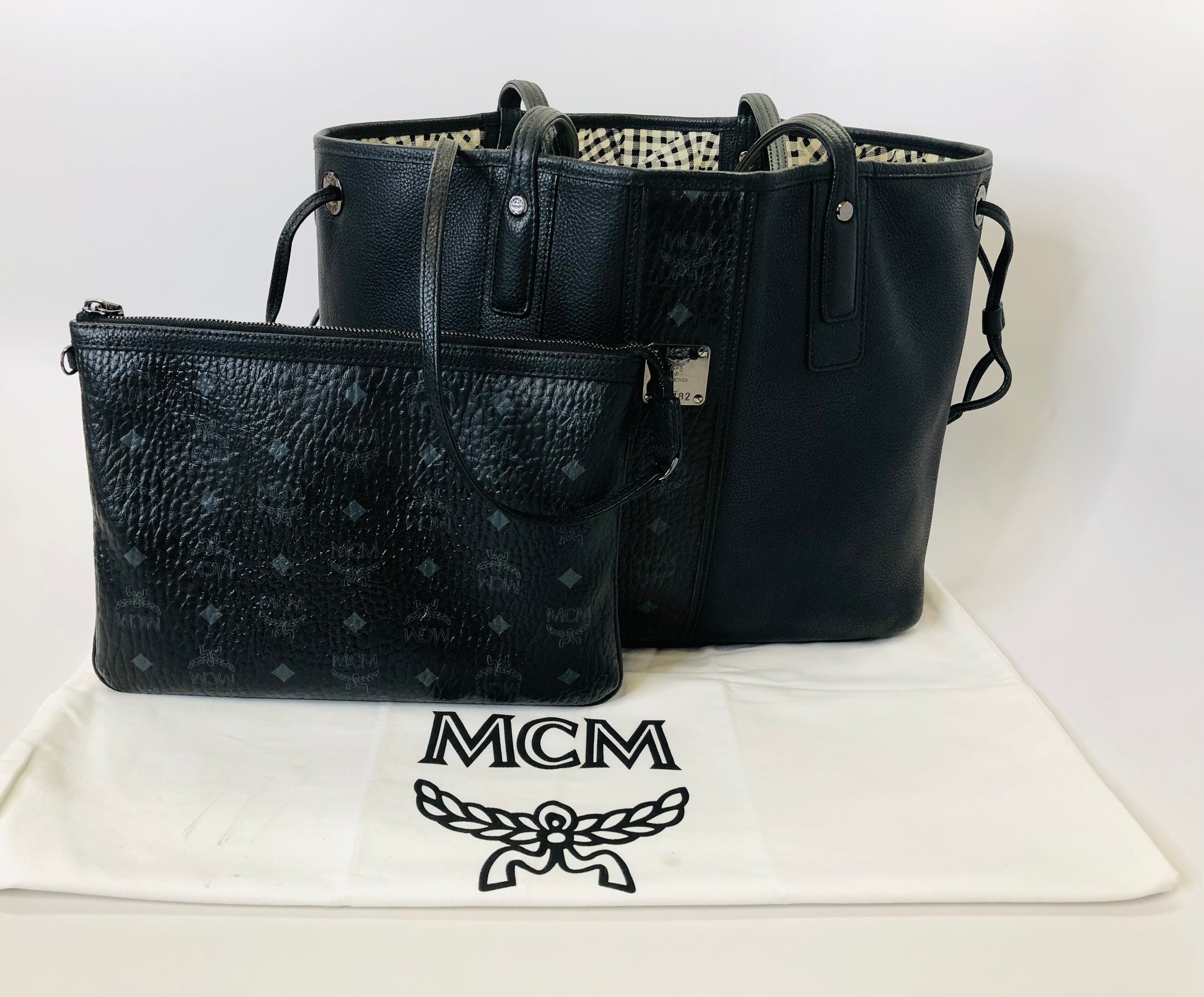 MCM Liz Medium Black Leather and Visetos Shopper Tote Bag and Zip