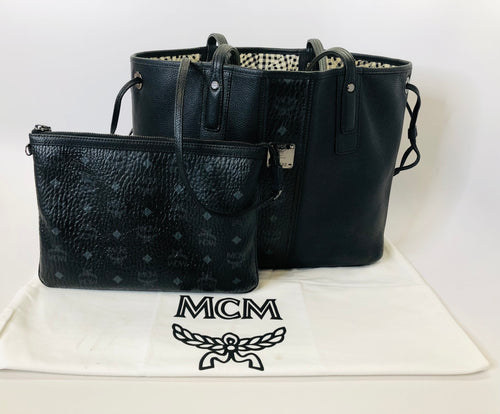 MCM Liz Medium Black Leather and Visetos Shopper Tote Bag and Zip Pouch