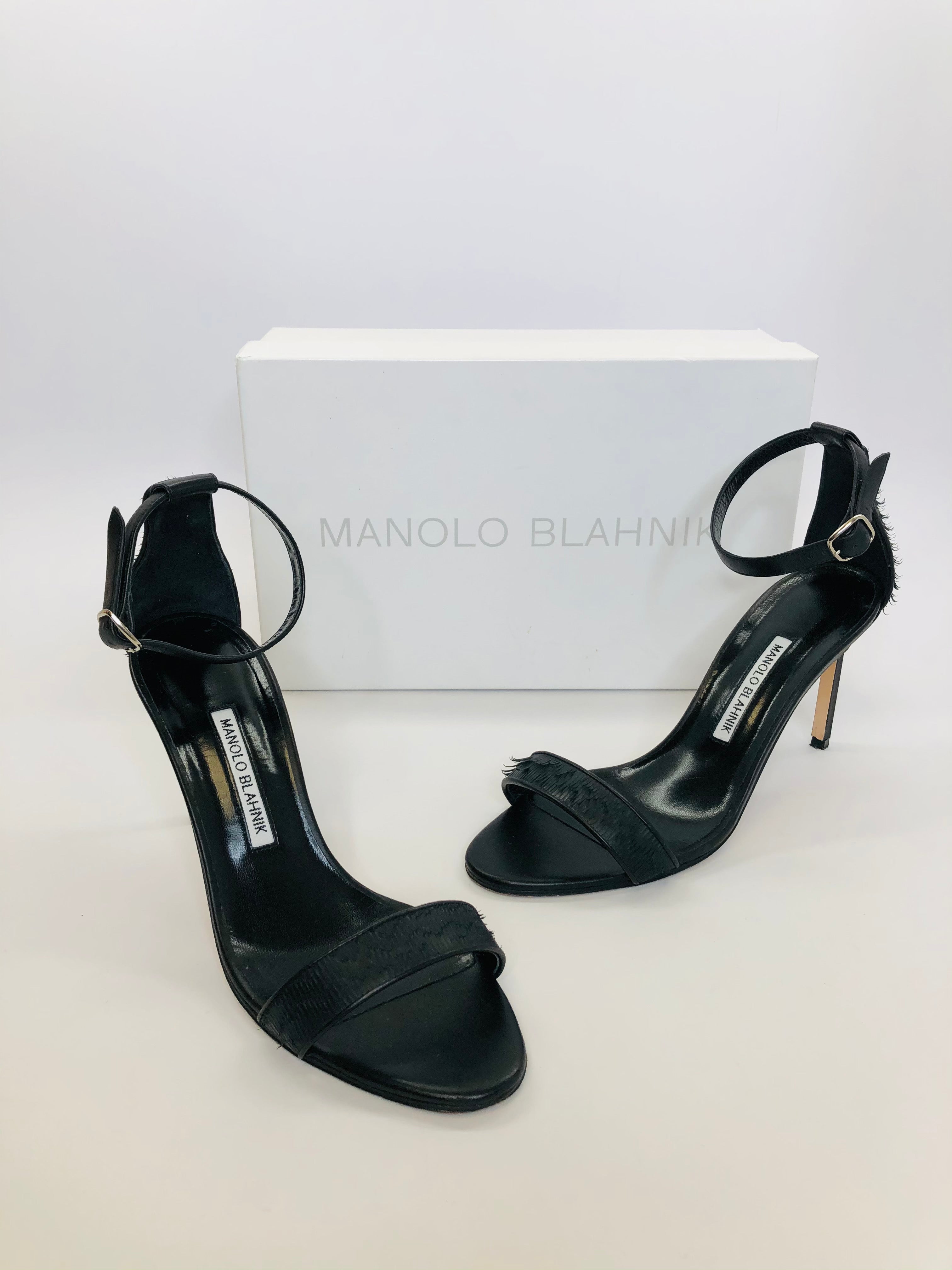 Manolo Blahnik Chaos 90 Black Leather Sandals Size 39 1/2