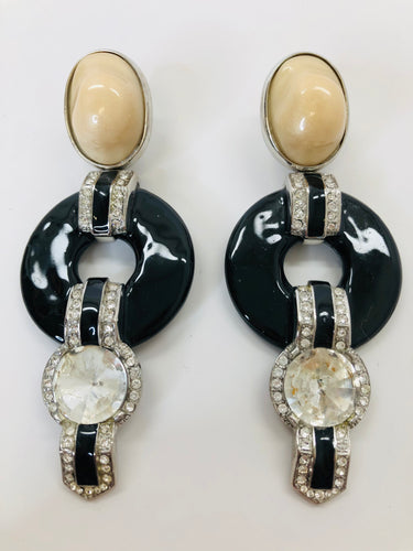 Oscar de la Renta Crystal, Pearl and Black Resin Clip Earrings
