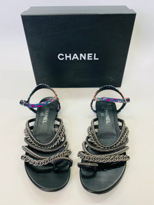 Chanel Shoes Tweed Chain Slide Sandals, White, Size 41, New in Box