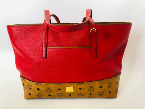 MCM Visetos and Red Leather Tote Bag