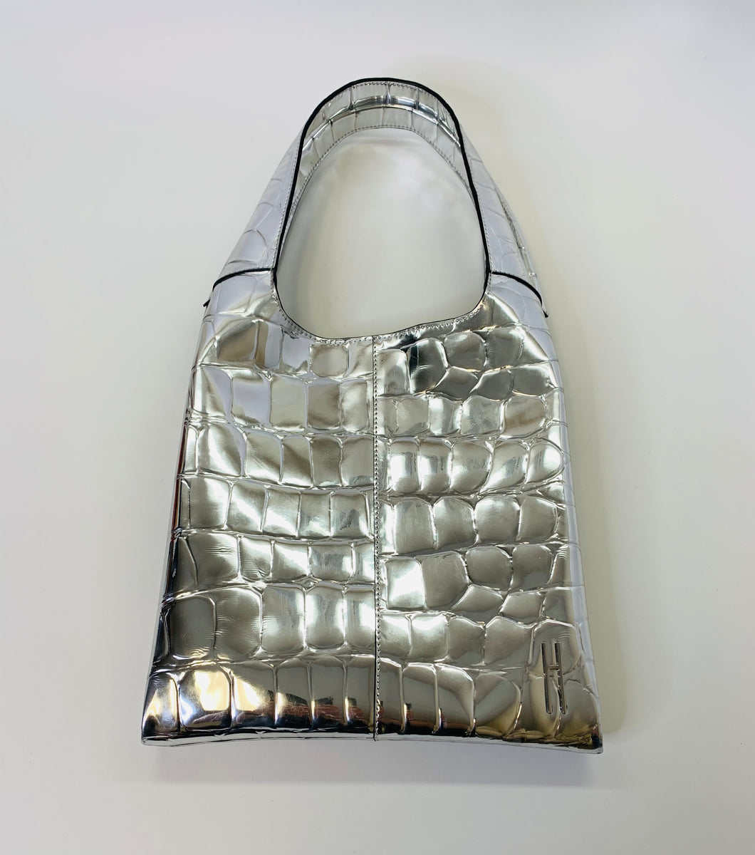 Hayward Medium Grand Shopper Bag In Silver Mirror Embossed Vegan Leather