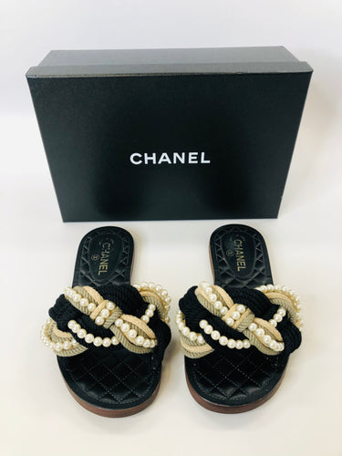 CHANEL Paris Cuba Cruise 2016/17 Runway Pearl and Rope Slides Size 38
