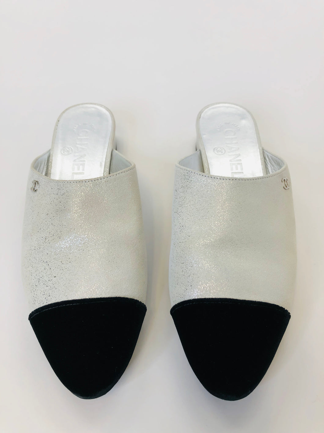 CHANEL Silver and Black Mules Size 37