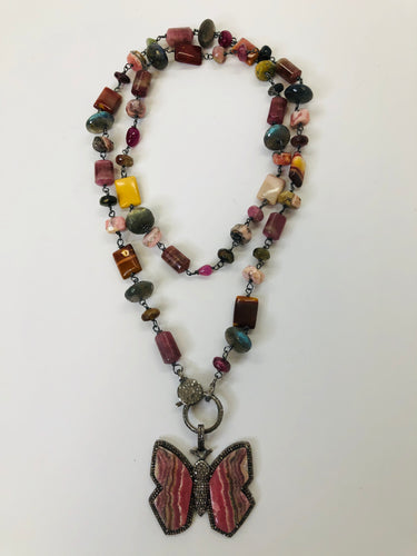 Rainey Elizabeth Rhodocrochite Mix and Pave Diamond Long Necklace