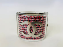 Load image into Gallery viewer, CHANEL Wide Fuchsia Tweed And Acrylic Silver Metal CC Hinged Cuff