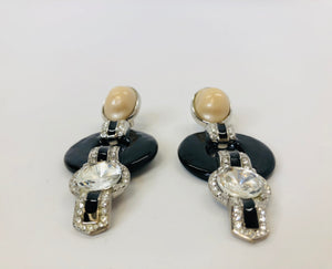 Oscar de la Renta Crystal, Pearl and Black Resin Clip Earrings