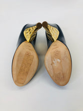 Load image into Gallery viewer, CHANEL Navy Blue Patent Leather and Gold Pumps size 38 1/2