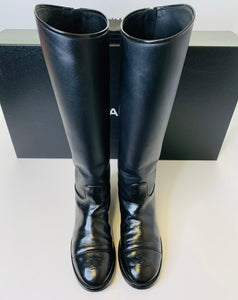 CHANEL Black Leather Tall Boots With CC Toes Size 38