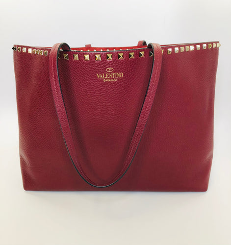 Valentino Garavani Burgundy Vitello Leather Rockstud Tote Bag