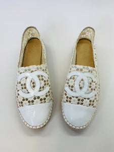 CHANEL Ivory Crochet and Patent Leather Espadrilles Size 39