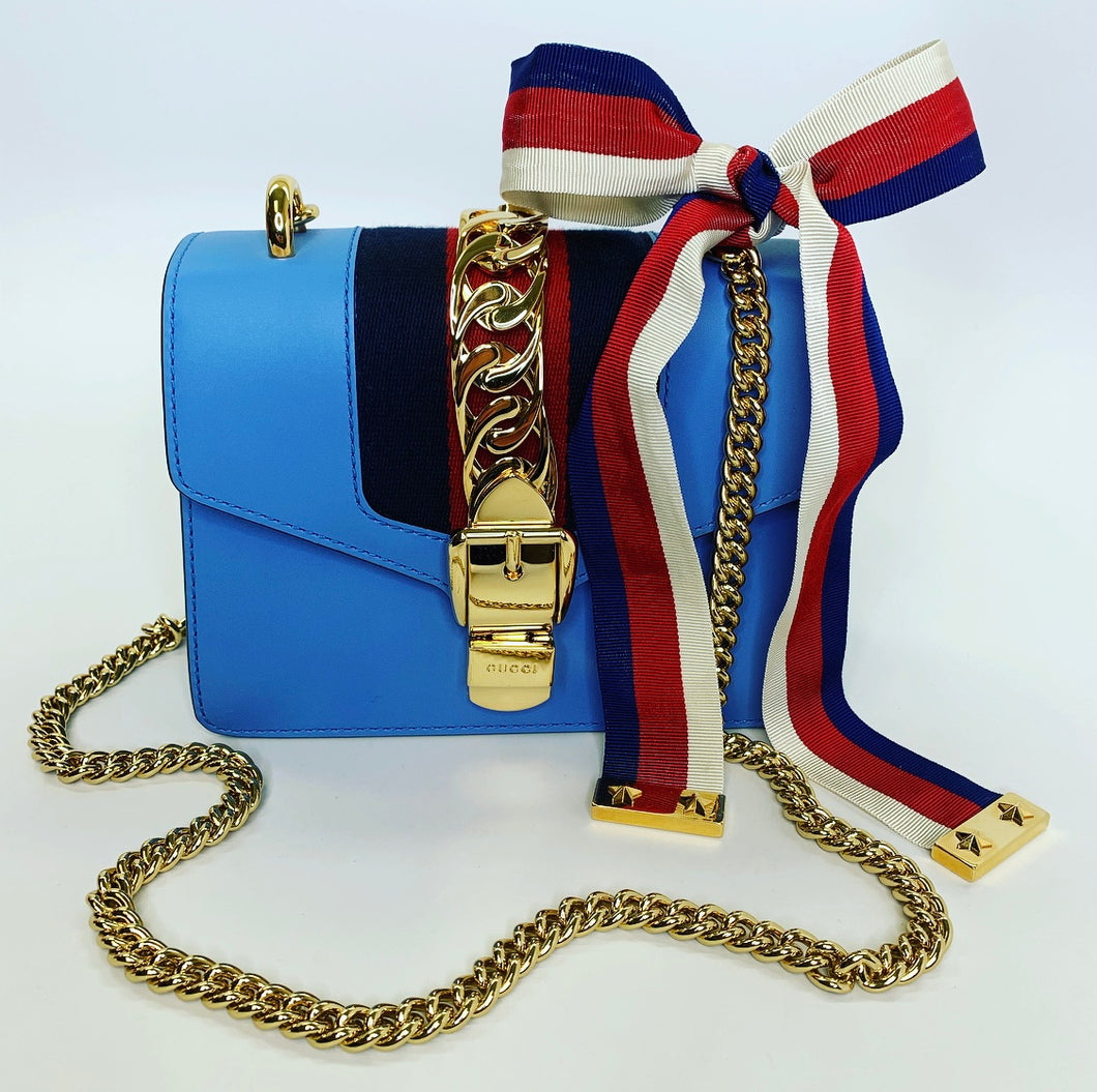 Gucci Sylvie Mini Chain Bag In Blue Leather With Web Stripe