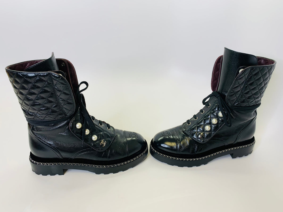 CHANEL Black Leather, Pearl and Silver Chain Combat Boots Size 37 1/2 –  JDEX Styles