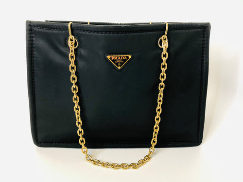 Prada Black Nylon Tote Bag With Gold Chain Straps