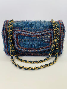CHANEL Medium Flap Bag in Blue Multicolor Tweed and Matte Gold Hardware