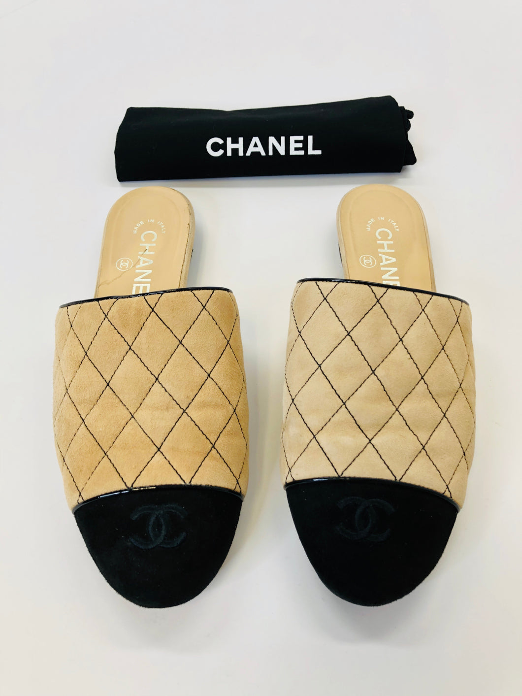 CHANEL Beige and Black Mules Size 37 1/2