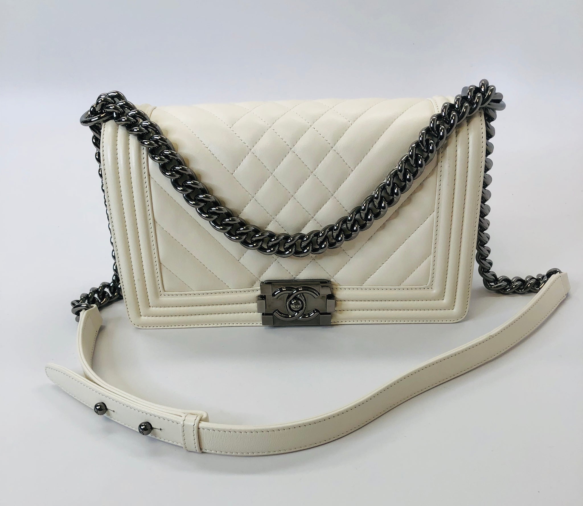 CHANEL White Quilted Calfskin and Silver Tone Metal Medium Boy Bag