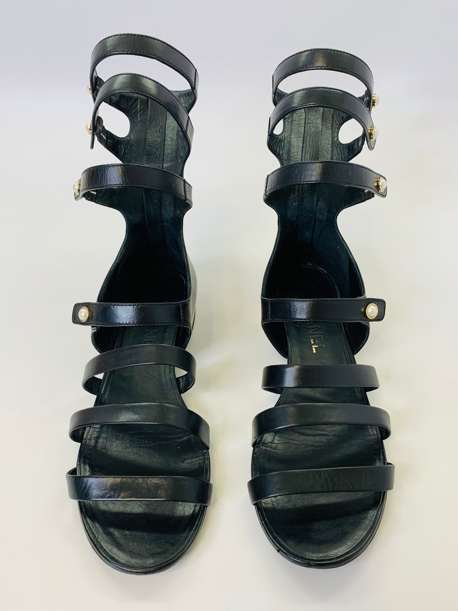 CHANEL Black Calfskin and Pearl Strappy Sandals Size 38 – JDEX Styles