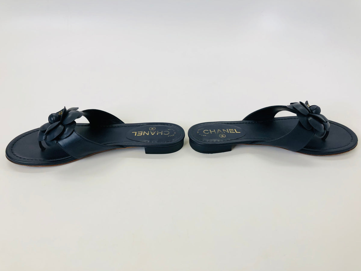 CHANEL Navy Blue Camellia Sandals Size 38C – JDEX Styles