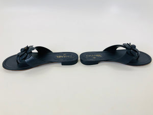 CHANEL Navy Blue Camellia Sandals Size 38C