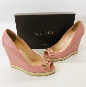 Gucci Soft Pink Leather Peep Toe Wedges