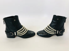 Load image into Gallery viewer, CHANEL Black Calfskin Pearl and Chain Booties Size 37 1/2