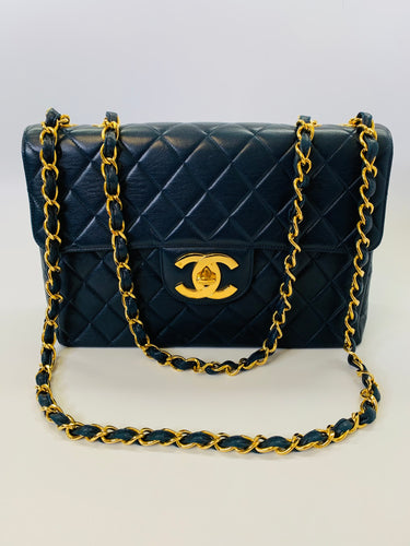 CHANEL Vintage Navy Blue Lambskin Large Classic Single Flap Bag