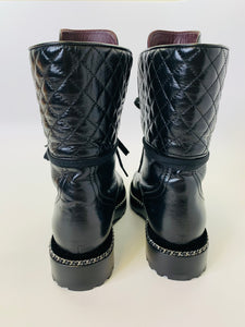CHANEL Black Leather, Pearl and Silver Chain Combat Boots Size 37 1/2