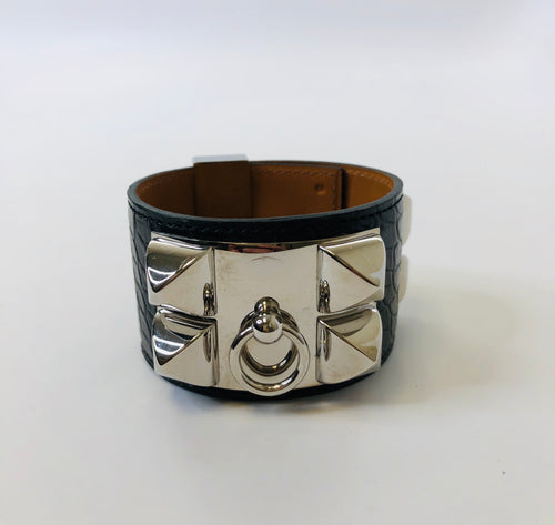 Hermès Black Shiny Alligator and Palladium Plated Collier de Chien Bracelet size Small
