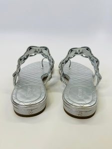 CHANEL Silver Metallized Leather Flat Thong Sandals Size 40 1/2