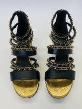 Load image into Gallery viewer, CHANEL Black Leather and Gold Chain Sandals Size 37 1/2