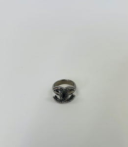 CHANEL Silver and Crystal CC Ring Size 6.75