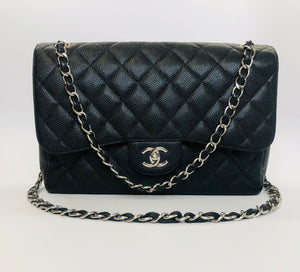 CHANEL Large Black Caviar Leather Classic Double Flap Bag