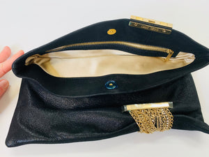 Jimmy Choo Black Suede and Gold Chain Chandra Clutch