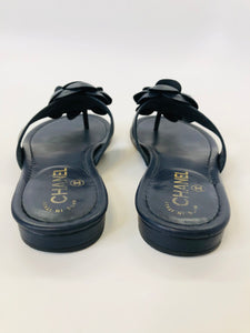 CHANEL Navy Blue Camellia Sandals Size 38C