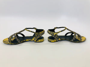 CHANEL Yellow And Black Python With Silver Chain CC Thong Sandals Size 37 1/2