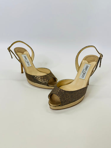 Jimmy Choo Glitter Peep Toe Platform Slingbacks Size 36 1/2