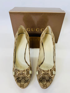 Gucci Beige GG Canvas Horsebit Pumps Size 8 1/2