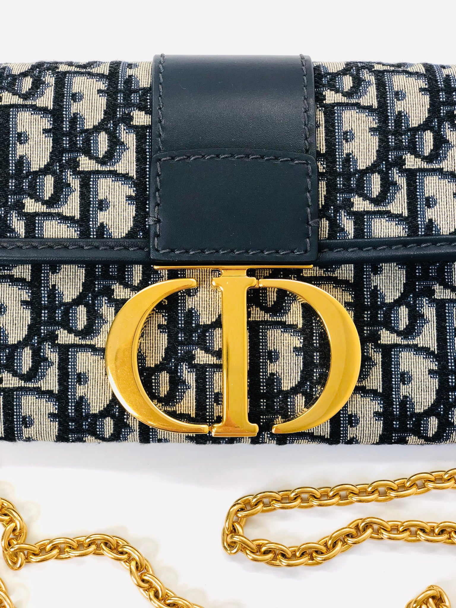 Christian Dior Blue And Beige Oblique Canvas 30 Montaigne Bag Gold
