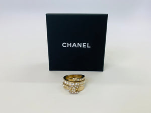 CHANEL Gold and Crystal CC Ring Size 7