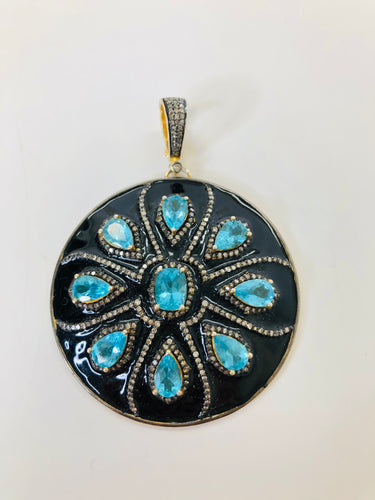 Rainey Elizabeth Blue Topaz, Diamond and Black Enamel Pendant