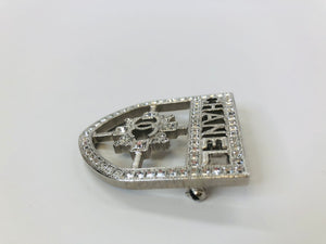CHANEL Silver and Crystal CC Shield Brooch