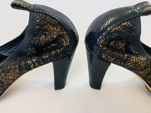 CHANEL Black and Gold Lace Pumps Size 37 1/2
