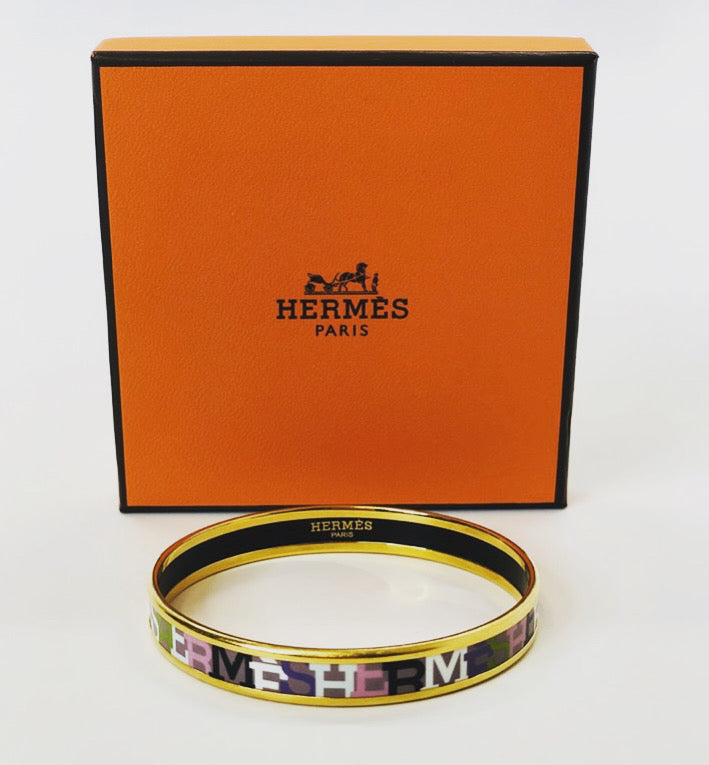 Hermès Small Enamel and Gold Metal Bangle Size 62