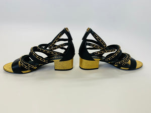 CHANEL Black Leather and Gold Chain Sandals Size 37 1/2