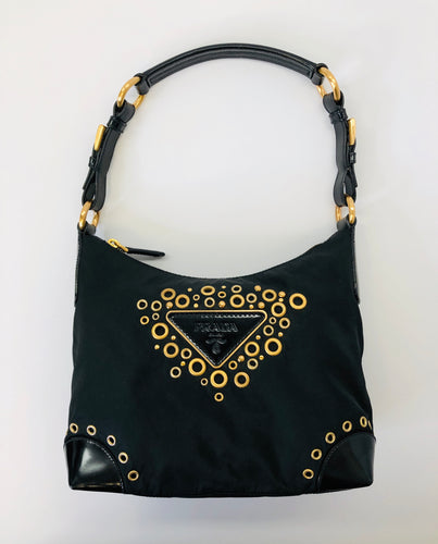 Prada Black Shoulder Bag with Gold Grommets