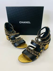 CHANEL Black Leather and Gold Chain Sandals Size 37 1/2